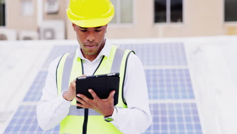 Rooftop,-solar-panels-or-black-man-on-tablet
