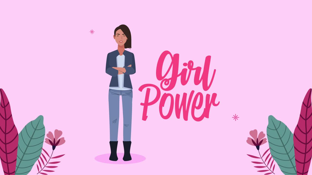 girl power lettering with lady and leafs