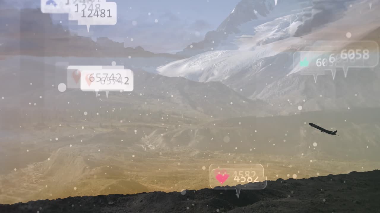 풍경 배경 위의 소셜 미디어 아이콘과 숫자의 애니메이션