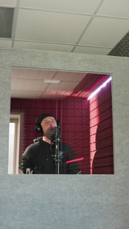 un hombre vestido de negro se encuentra frente a un micrófono de estudio, con auriculares mientras canta apasionadamente con movimiento de la mano en una habitación a prueba de sonido roja. la toma incluye un altavoz en el fondo