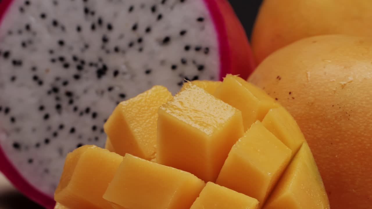 Close-up of diced mango and dragon fruit