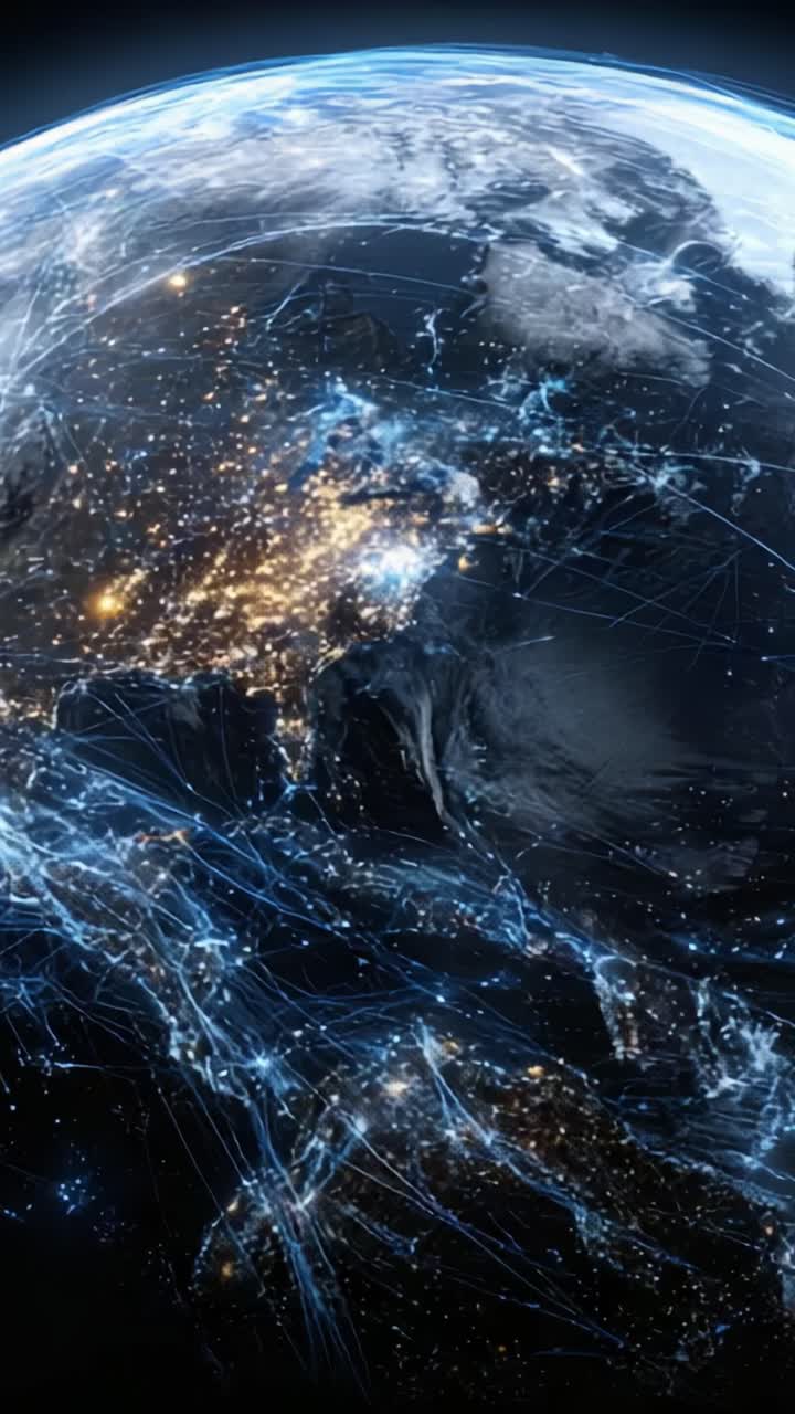 Rappresentazione visiva della connettività globale attraverso il flusso di dati potenziato e le reti di comunicazione tra continenti, che evidenzia le interazioni dinamiche della tecnologia moderna