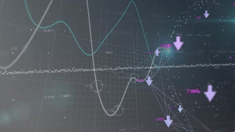 Animation-of-lines-and-numbers-changing,-arrows-and-data-processing-over-grid