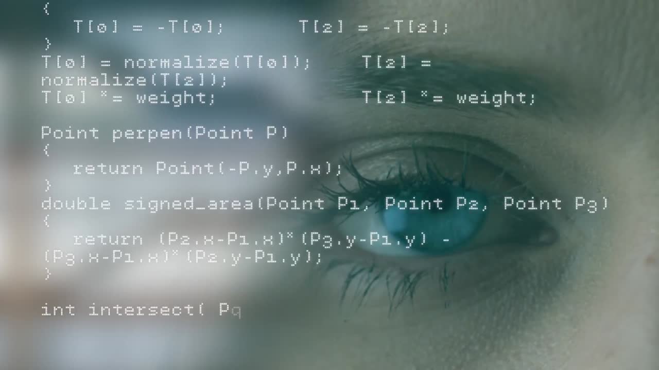 Animation of data processing over eye of caucasian woman