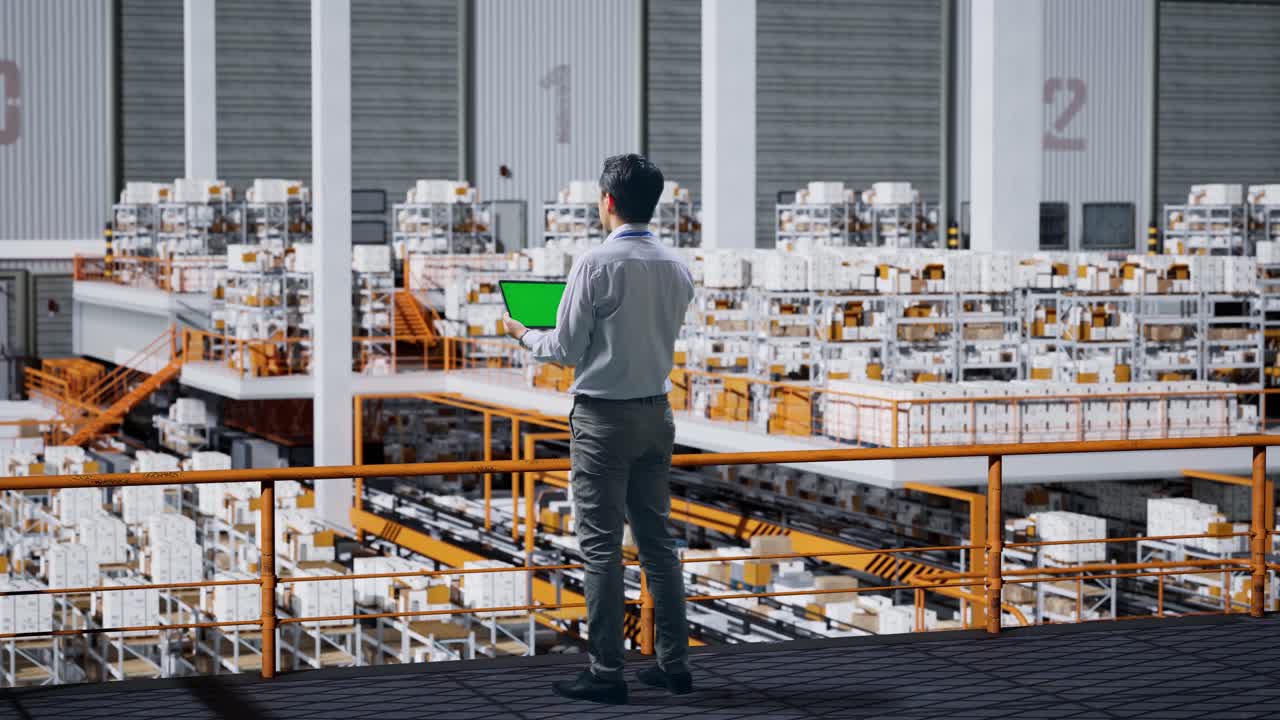 倉庫で緑の画面のモックアップディスプレイのタブレットを使用するアジアのビジネスマンの全身のバックビュー