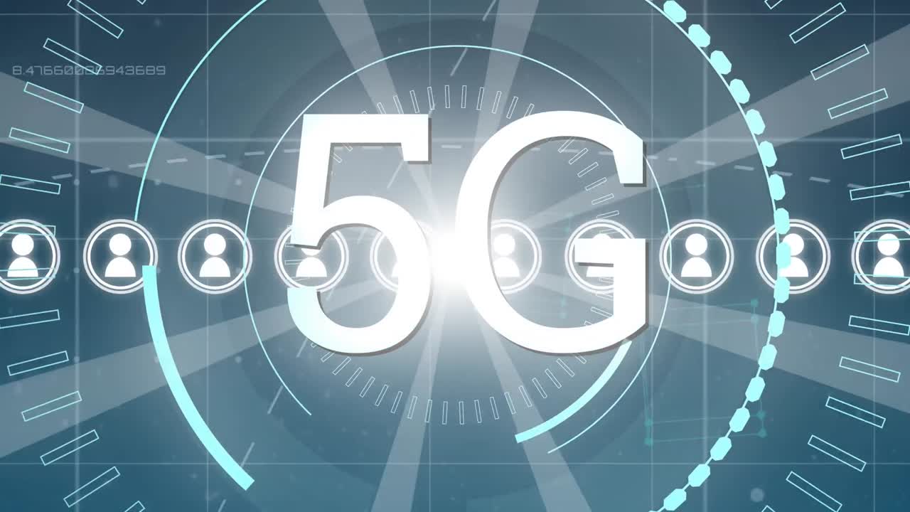 파란색 배경에 5g 텍스트로 연결 네트워크와 범위 스캐닝의 애니메이션