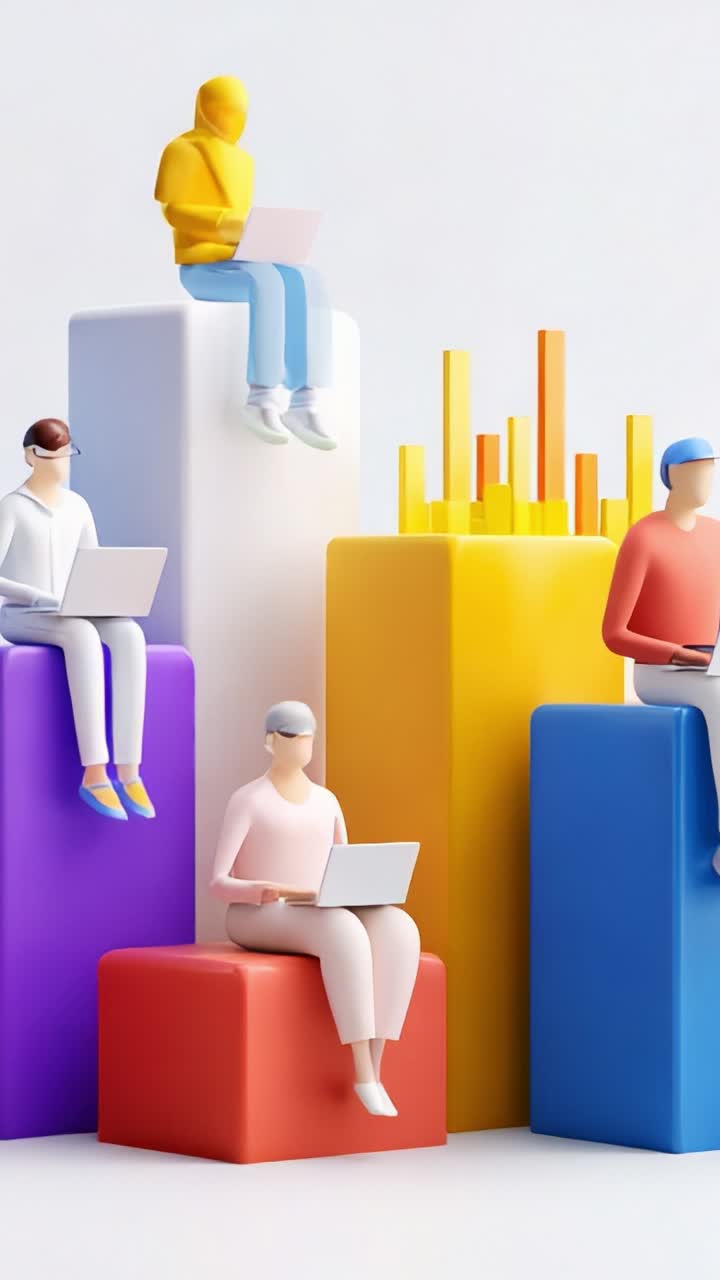 Colorful 3D Render of Diverse People Engaged in Work, Analyzing Data on Laptops While Sitting on Geometric Shapes, Representing Teamwork and Collaboration