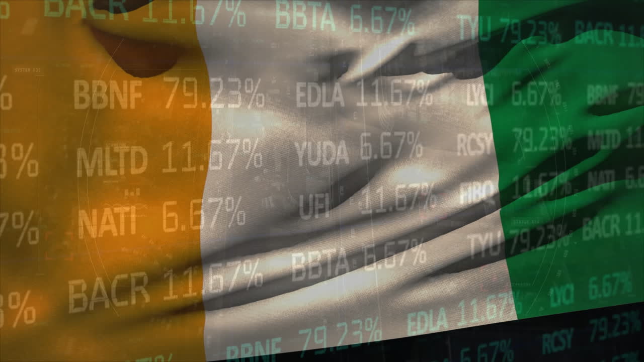 Animazione di elaborazione dati di borsa su sfondo con bandiera della Costa d'Avorio sventolante.