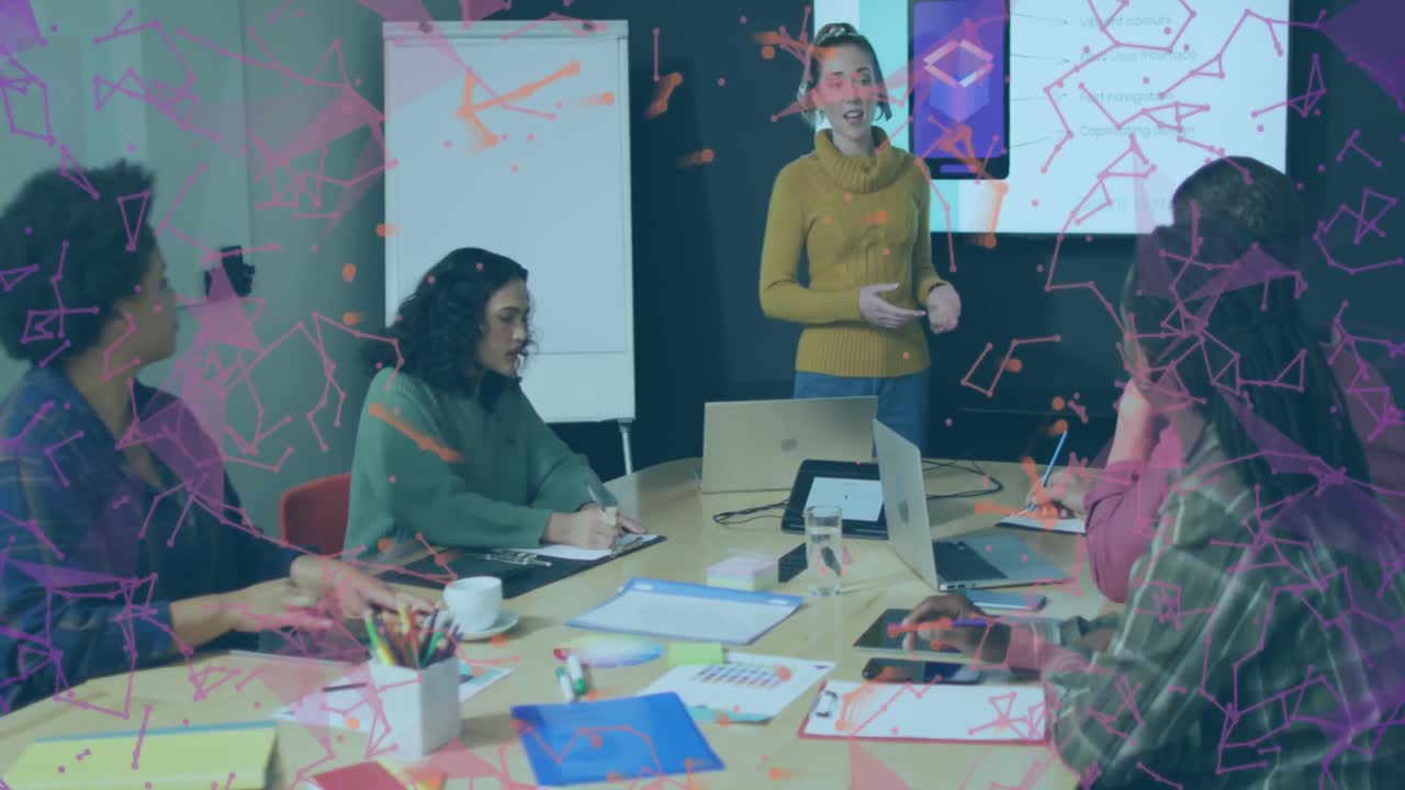 Animation of shapes moving over diverse business people at meeting in office