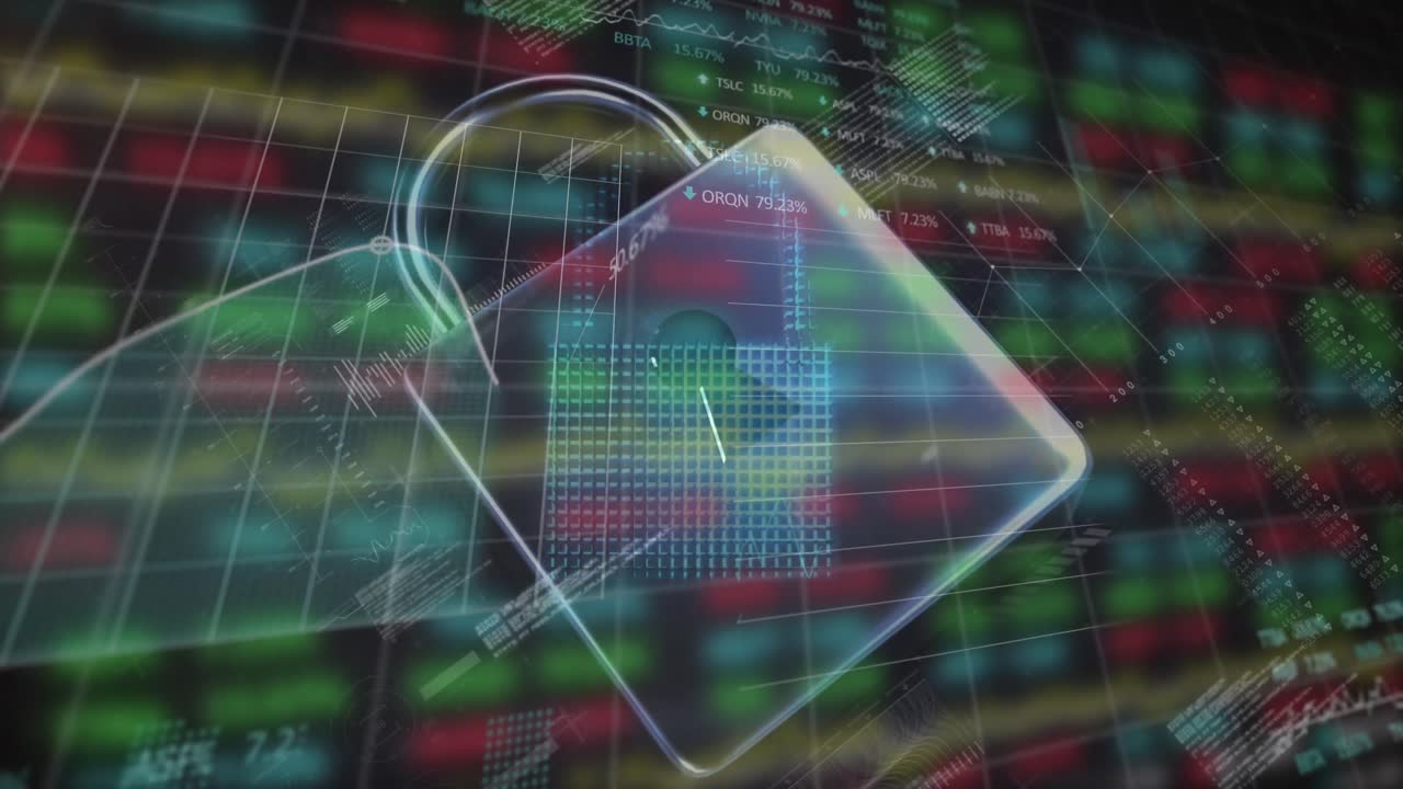 animación de los datos financieros y el candado digital sobre un fondo negro.