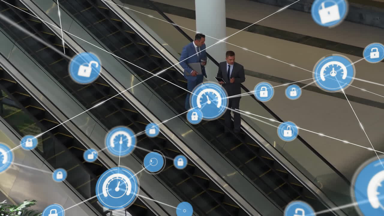 animación de la red de conexiones con iconos sobre diversas personas de negocios en la escalera mecánica