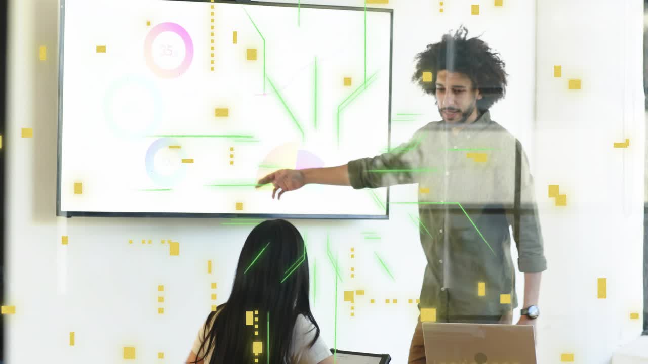 Host pointing, sweeping screen causing overlay growing, tying gestures to chart in business meeting