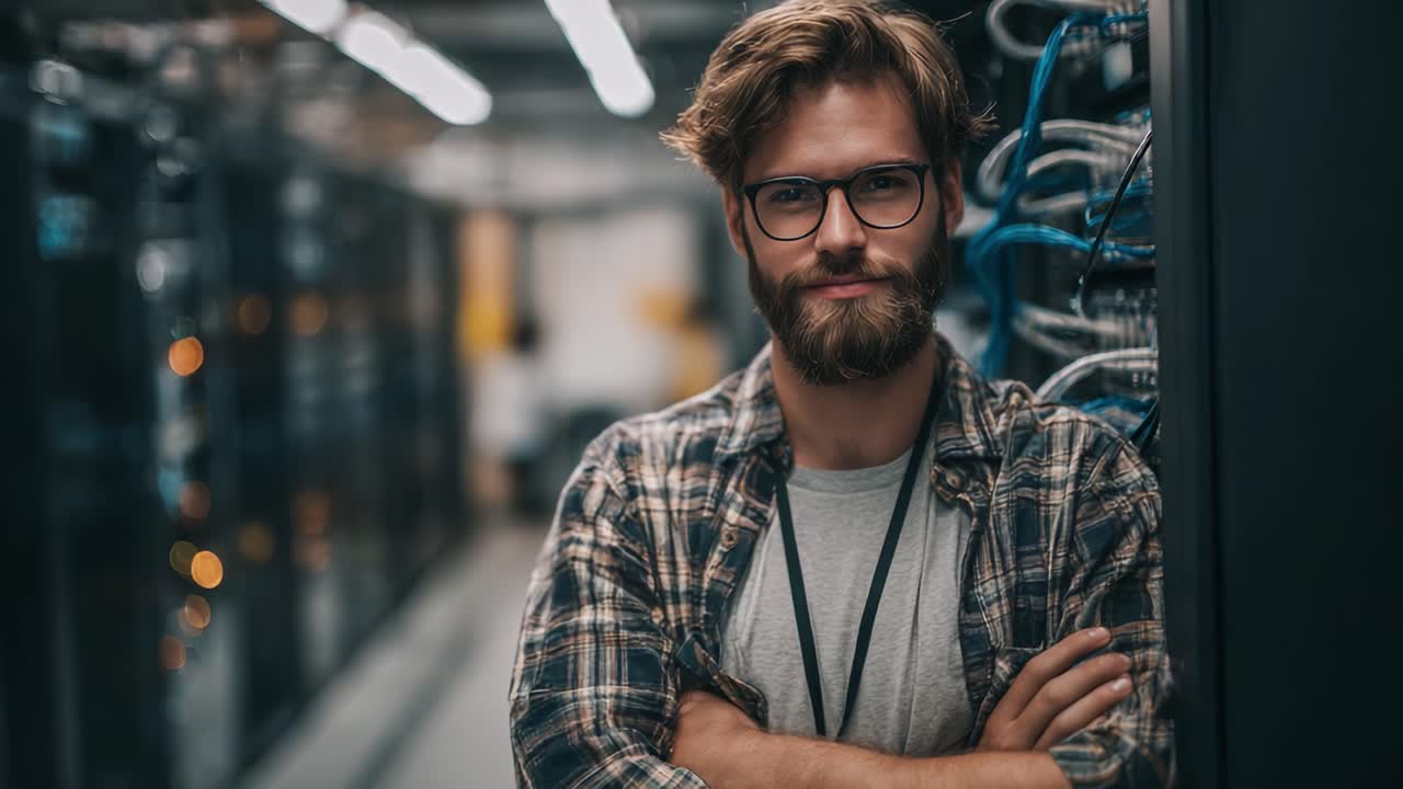 Ein selbstbewusster junger Mann mit Bart und Brille steht in einem modernen Rechenzentrum und demonstriert Fachwissen in Technologie und Vernetzung vor dem Hintergrund von Server-Racks.