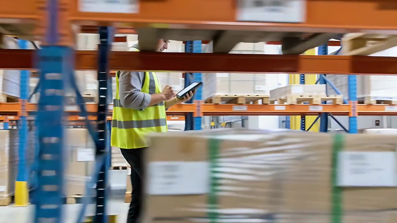 Trabajador de almacén caminando después de una alerta en la tableta verificando el stock en el pasillo de estanterías, usando chaleco de seguridad.