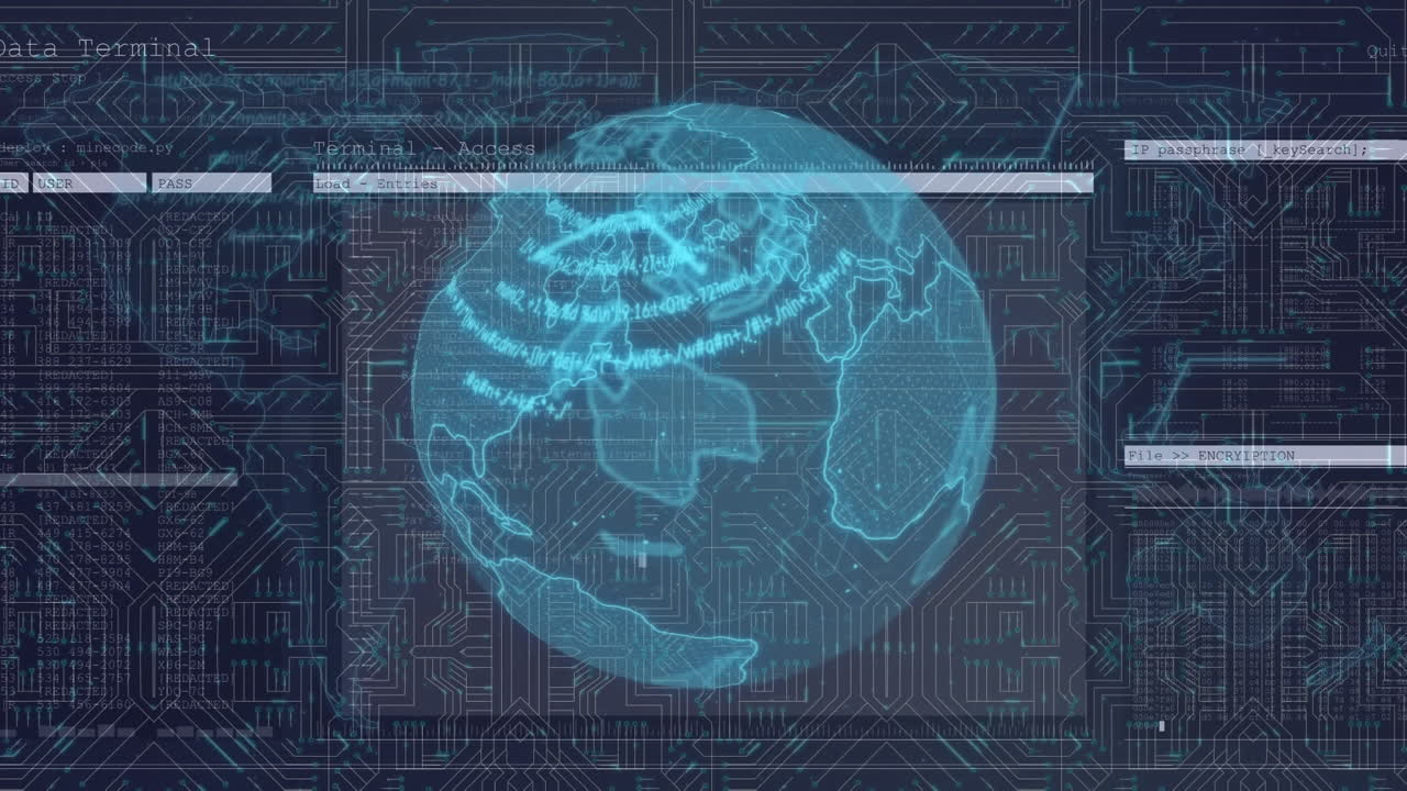 Animation of glowing blue globe turning and interface with information on black background