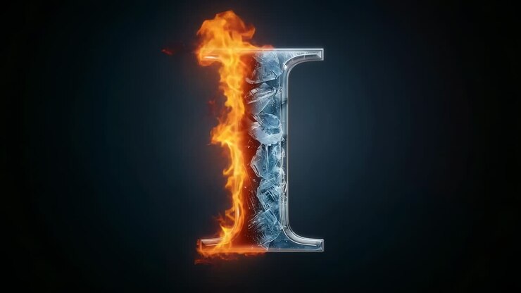 Lettera I metallizzata emergente, metà sinistra in fiamme e metà destra congelata su sfondo sfumato, texture