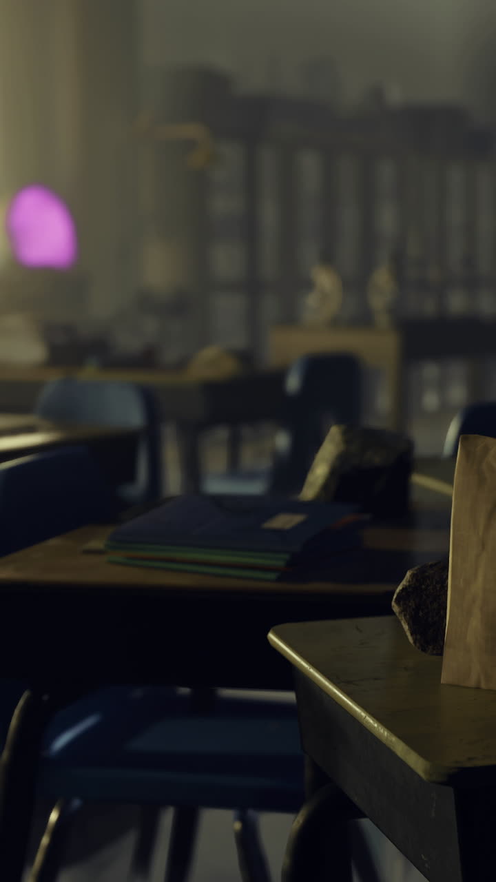 Classroom setting with desks and a bag on the table in morning light