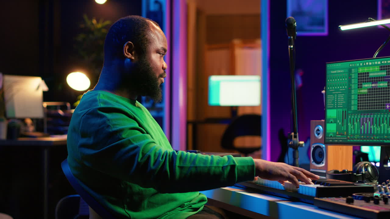 Moderne producer die piano toetsen speelt om een nieuwe soundtrack op te nemen