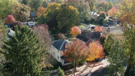 Homes-in-neighborhood-obscured-by-large-trees-with-autumn-fall-foliage