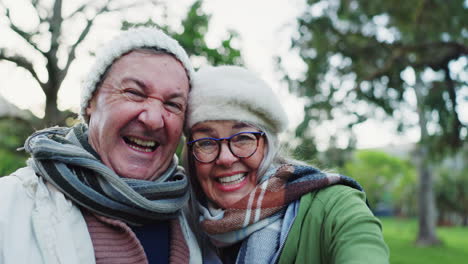 Cara-Selfie,-Beso-Y-Vínculo-De-Pareja-Feliz-Senior