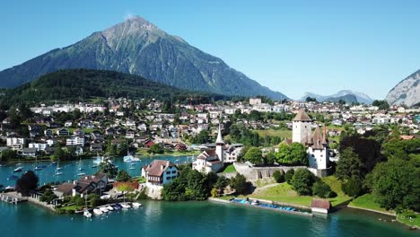 aerial view of a castle on a lake in the swiss alps
