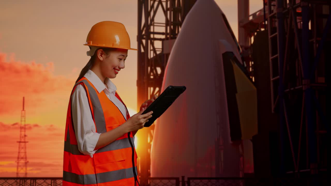 vista lateral de una ingeniera asiática con casco de seguridad trabajando en una tableta mientras está de pie con el transbordador espacial, hora de la puesta del sol
