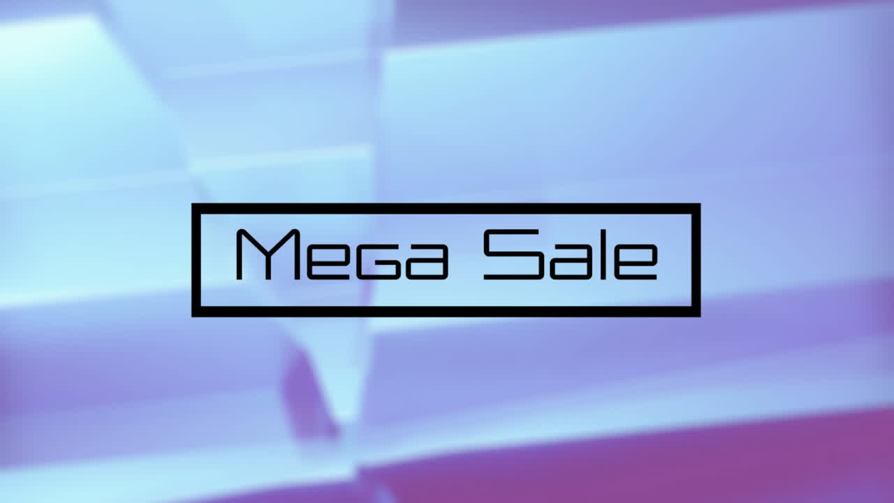animación del texto de mega venta en rectángulo con patrón abstracto sobre fondo azul