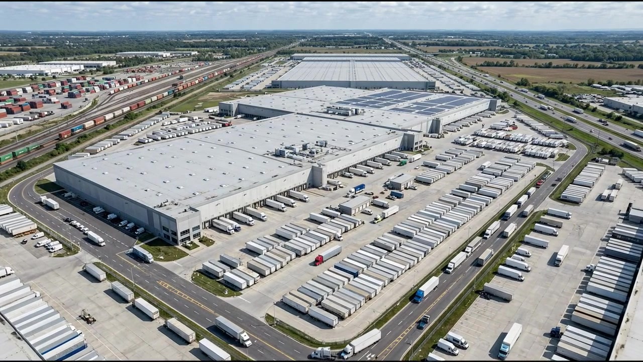 Vista aérea ampla e limpa de um complexo moderno de fabricação e logística