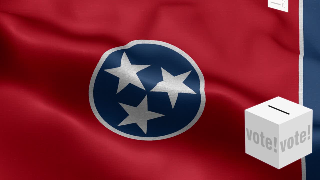estado de tennessee - las papeletas de votación vuelan a la caja para la selección de tennessee - caja de votación frente a la bandera - elección - voto - bandera nacional patrón de onda del estado de tennessee elementos en bucle - textura de tela y bucle sin fin - bandera en bucle del estado de tennessee