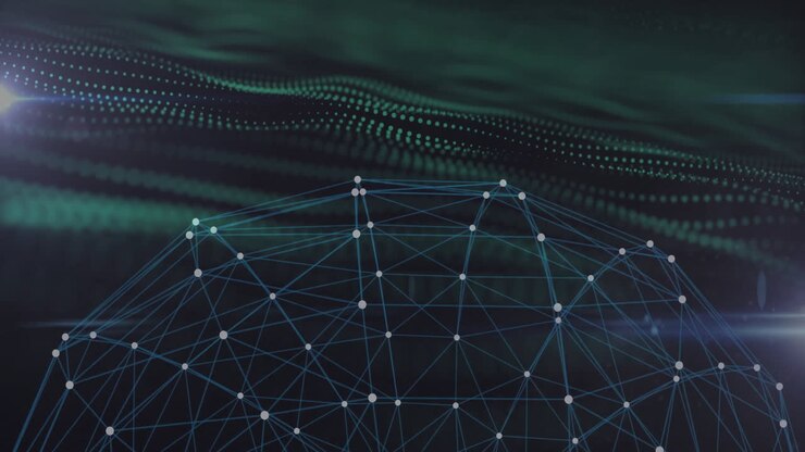 Digital hemispherical network mesh linking glowing nodes and dotted particle wave flowing overhead