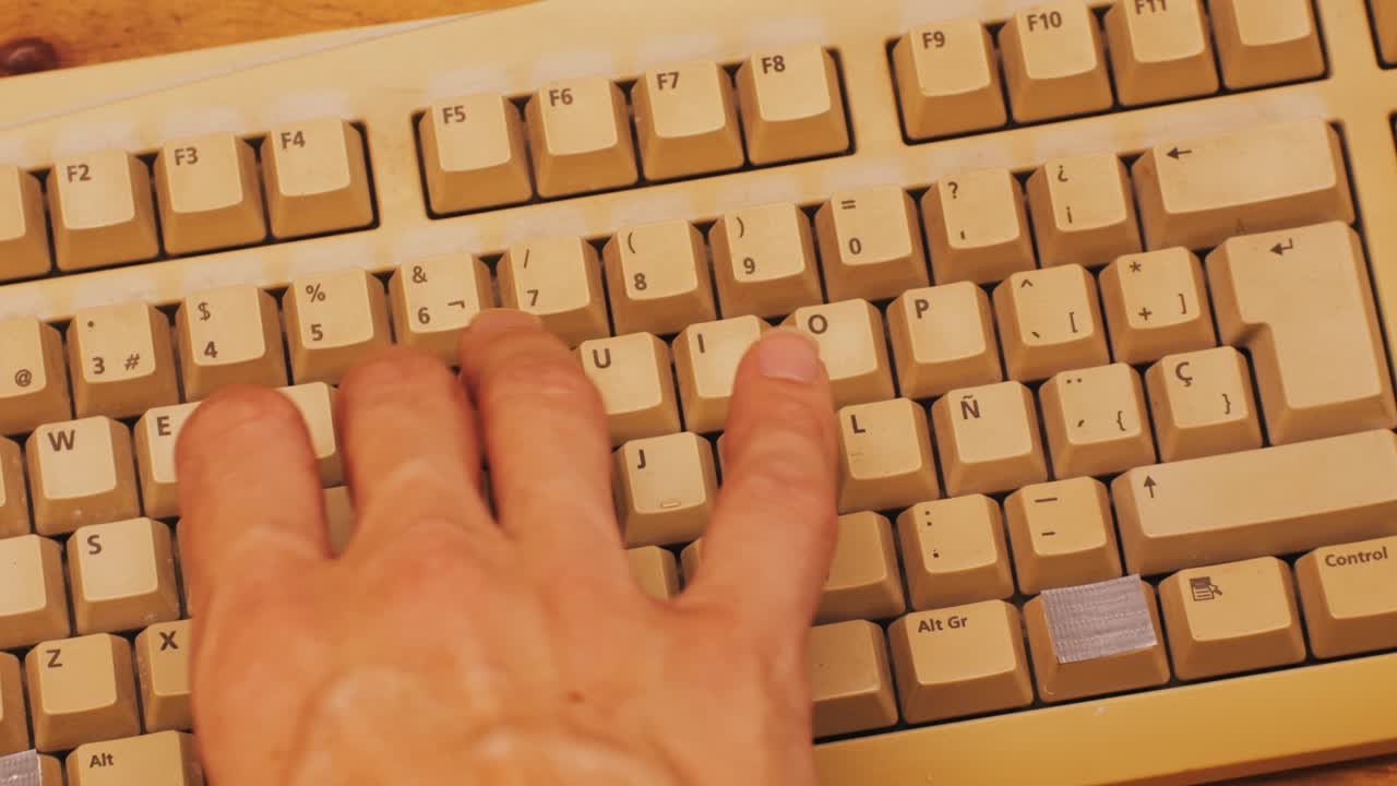 Close-up of hands typing on an old beige keyboard