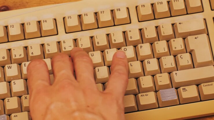 Close-up of hands typing on an old beige keyboard