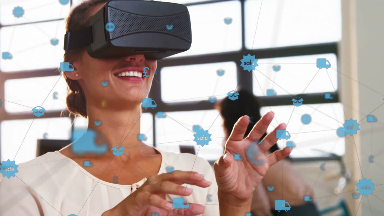 Female office worker wearing VR headset raising hands and moving blue finance icons viewing metrics