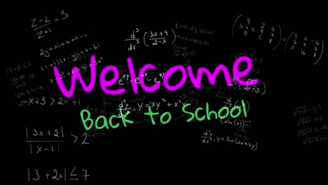 animation of welcome back to school text over mathematical equations