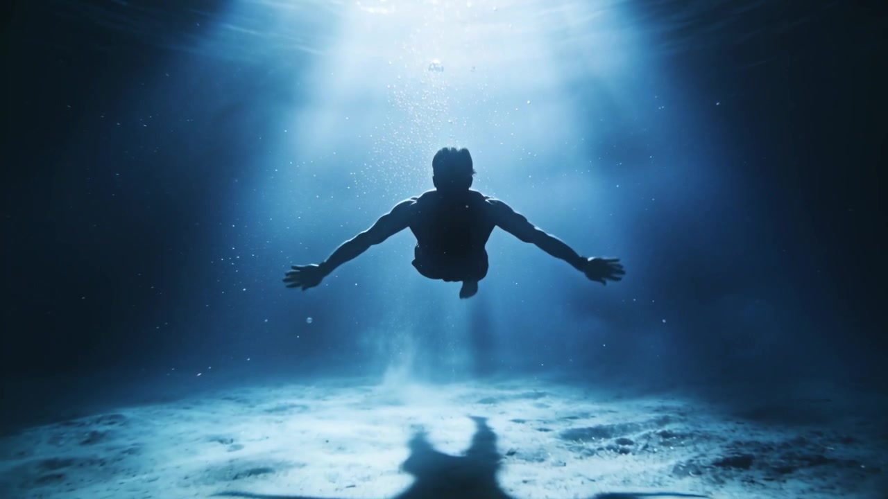 Raggio di sole che illumina un subacqueo in muta scura che si allinea, planando con bolle che salgono nell'acqua sopra il fondale marino.