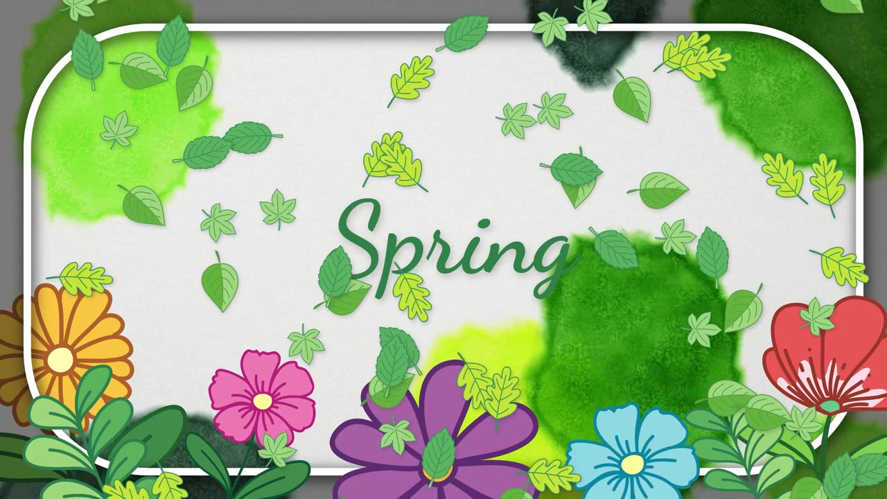 Green watercolor splashes and colorful cartoon flowers frame falling leaves around spring text animation.