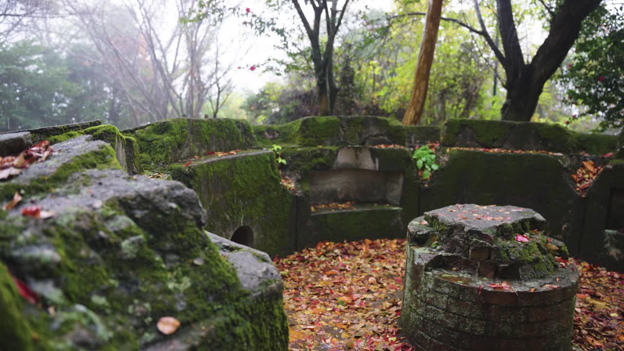 Gun Battery Ruins in Etajima Island, Mist and Moss Covered in Forest, Japan