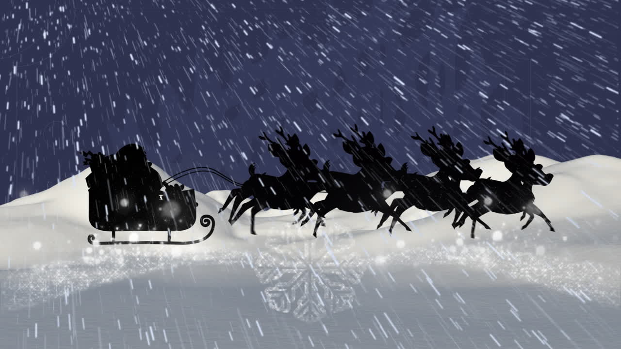 Santa sleigh and reindeer animation over snowy landscape with falling snowflakes