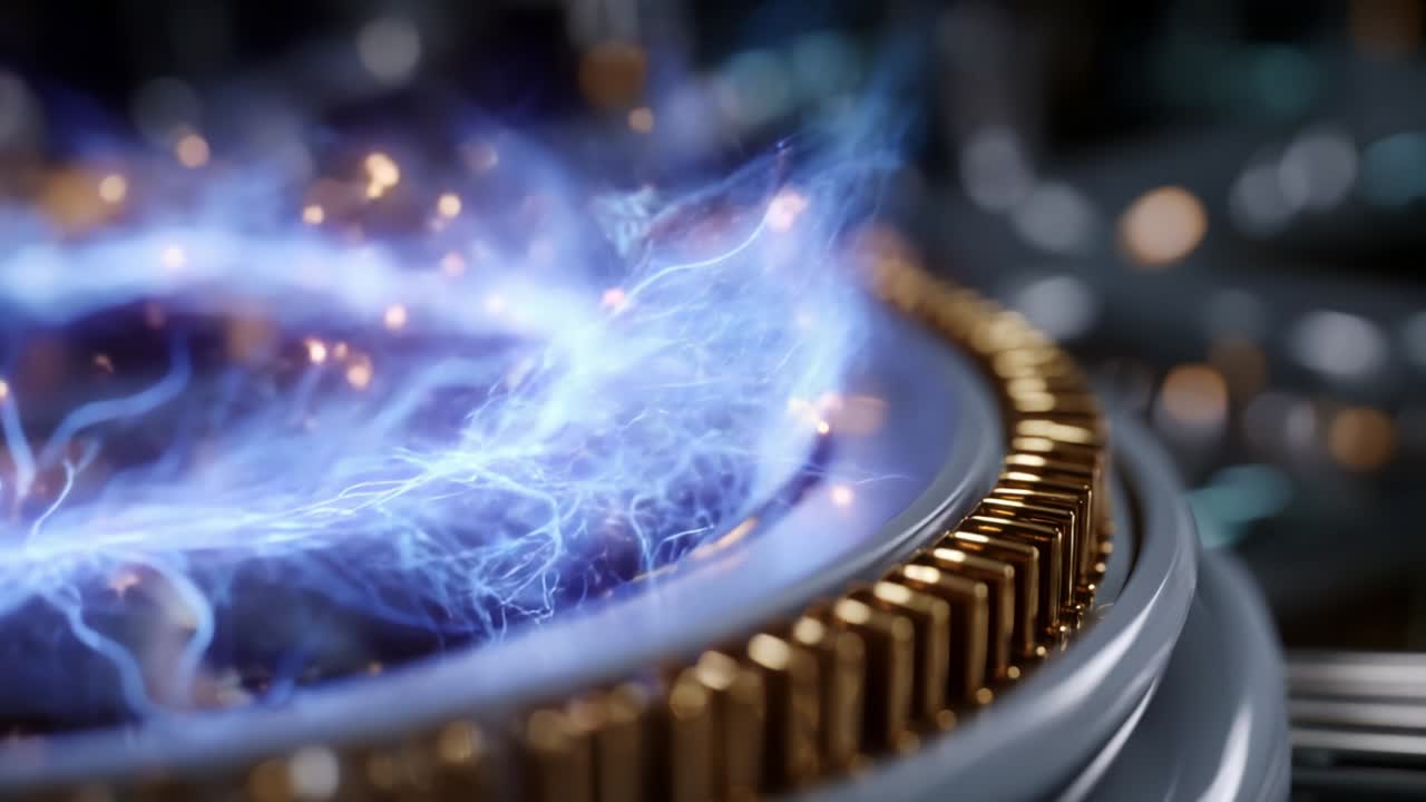 An Intricate Display of Electric Energy Surging Through Metallic Components, Featuring Stunning Light Patterns and Dynamic Electrical Pulses in a Futuristic Tech Environment
