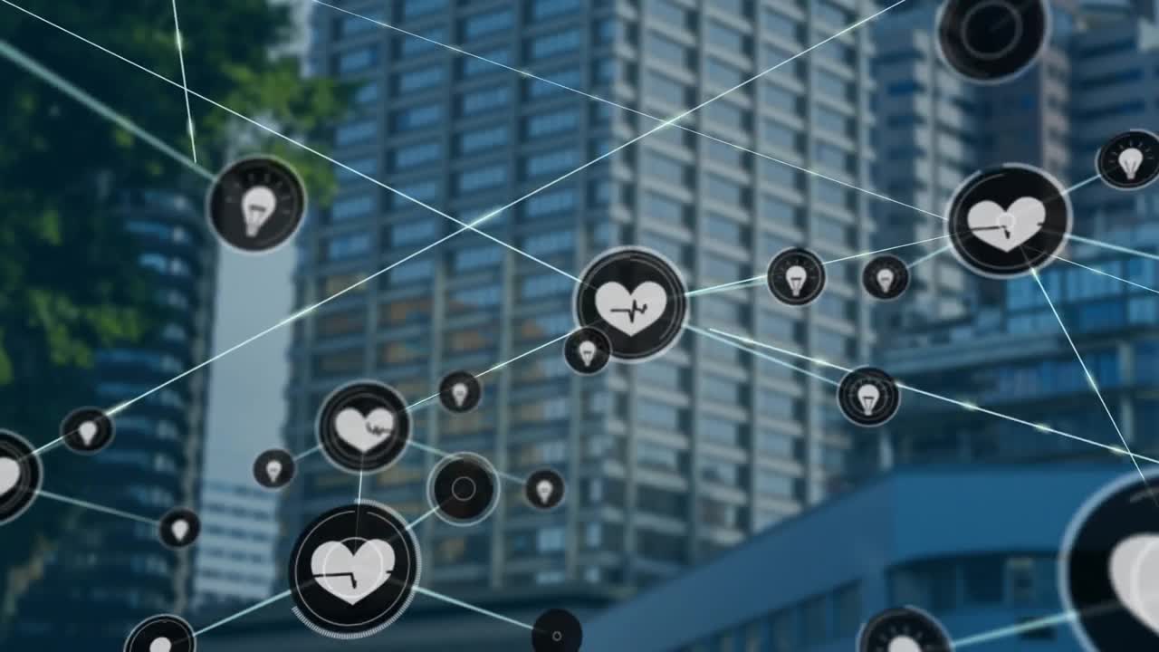 도시 풍경 위의 아이콘으로 연결된 네트워크의 애니메이션