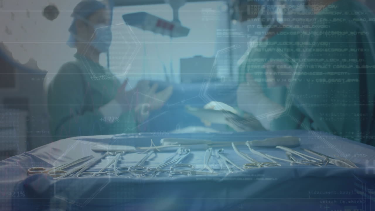 병원에서 다양한 외과 의사에 대한 과학적 데이터 처리의 애니메이션