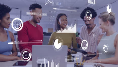 animation of financial data processing over diverse colleagues having meeting in office