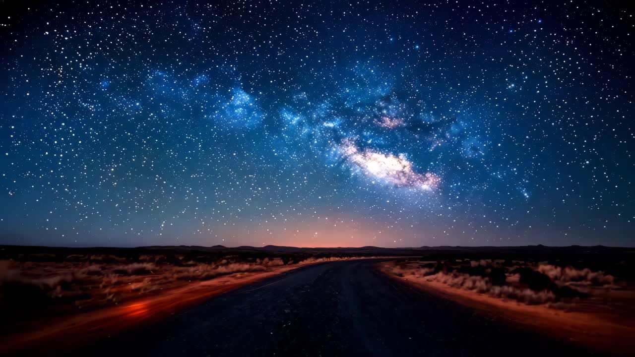A dark sky with a road in the middle and a large amount of stars. The stars are scattered all over the sky and the road is empty