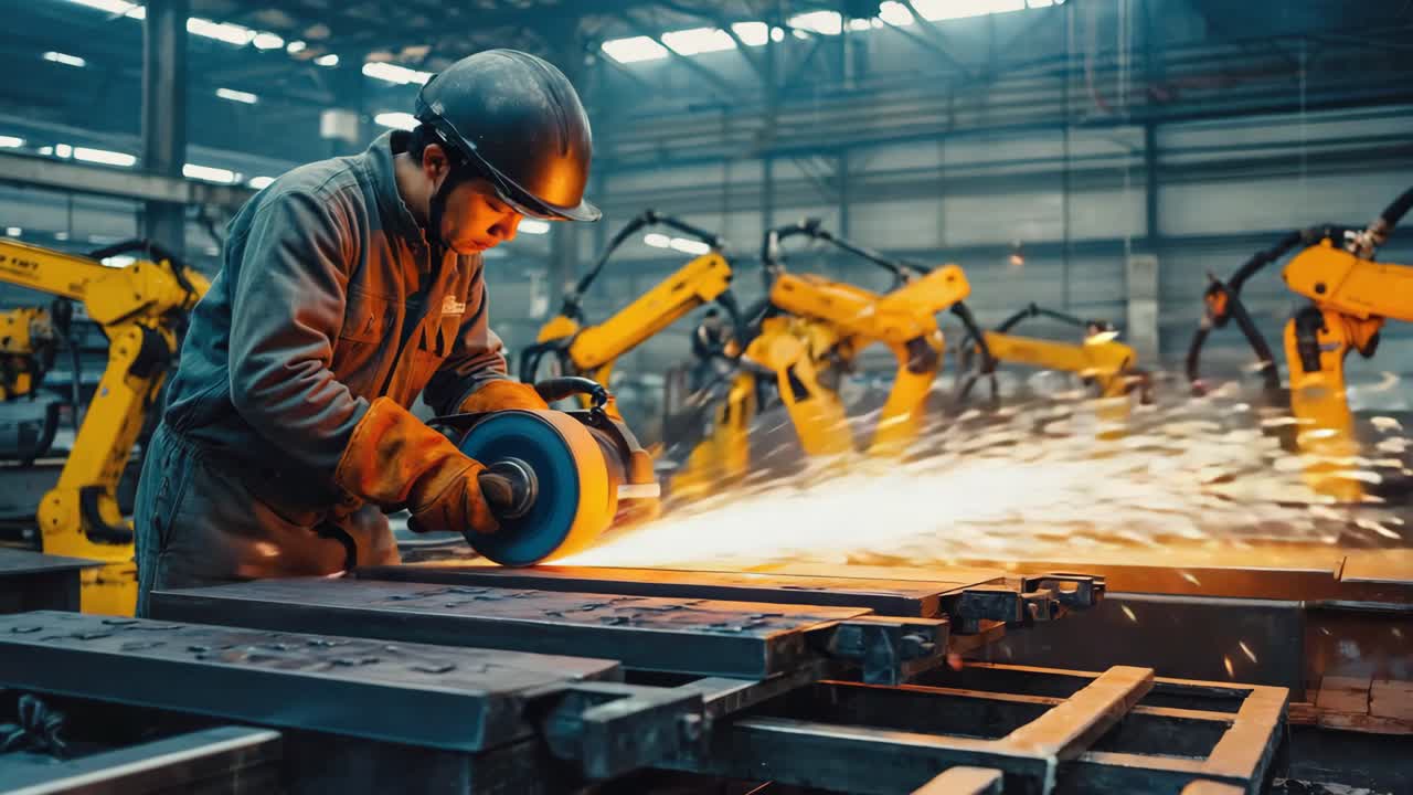 Metalworker Grinding Metal in Factory with Robotic Arms