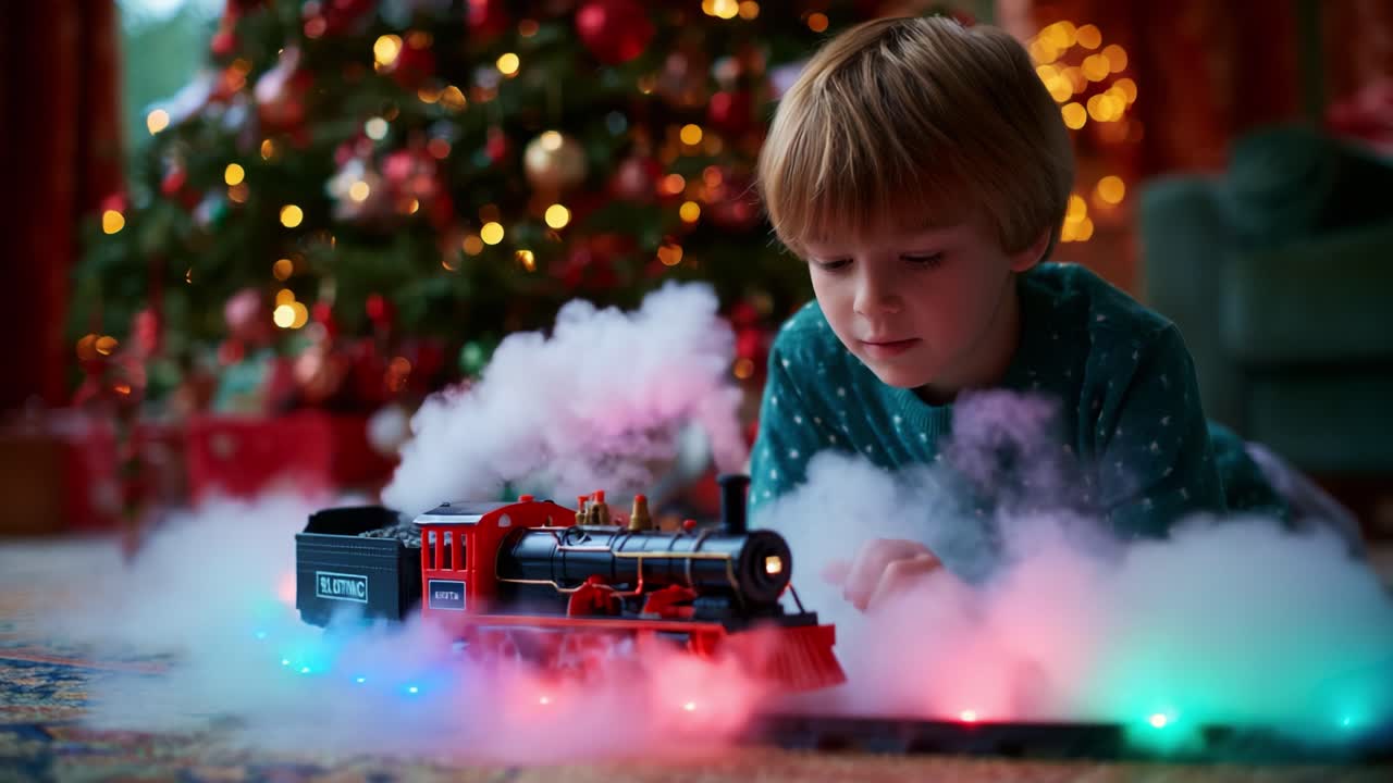 Un niño pequeño, fascinado por un tren de juguete lleno de vida que emite luces y humo de colores, creando una escena mágica en una habitación acogedora decorada para las fiestas navideñas