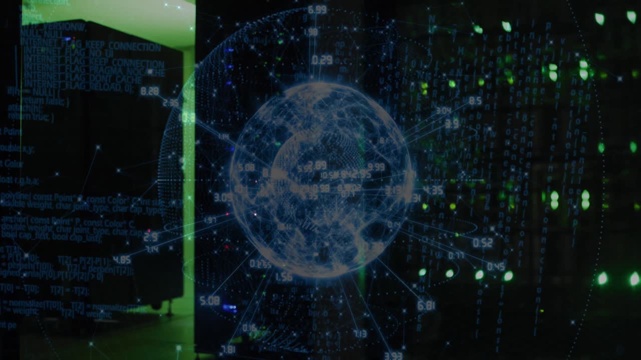 Animation of data processing and globe over server room