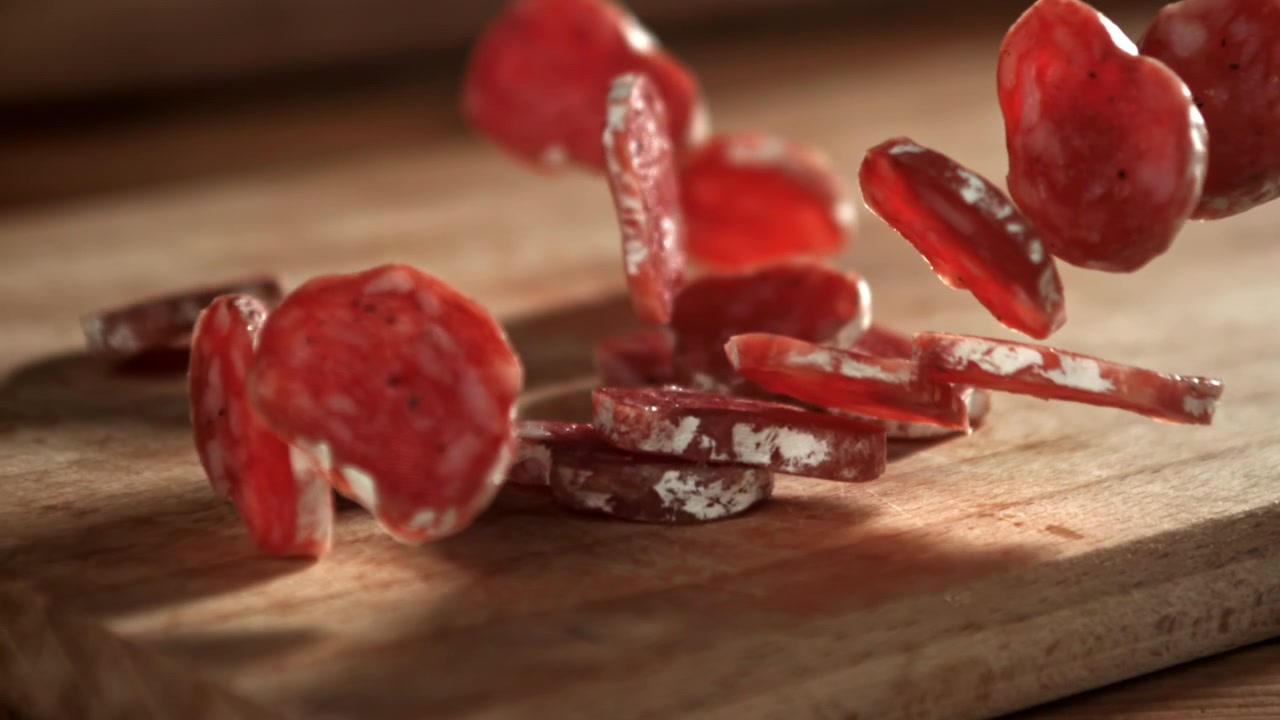 Fette di salame che cadono su un tagliere di legno al rallentatore