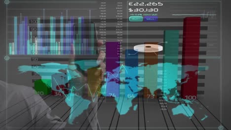 Animation-Der-Weltkarte-Und-Statistikverarbeitung-über-Einem-Geschäftsmann-Mit-Smartphone