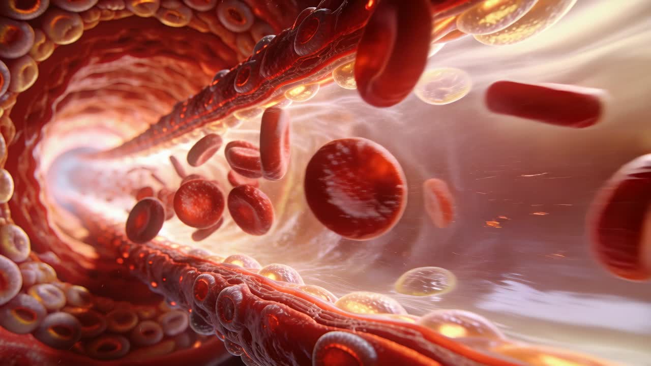 Drifting red blood cells moving forward inside vessel lumen, driven by plasma flow and particles
