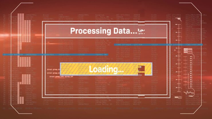 Animation of text and loading bars with computer language over computer interface